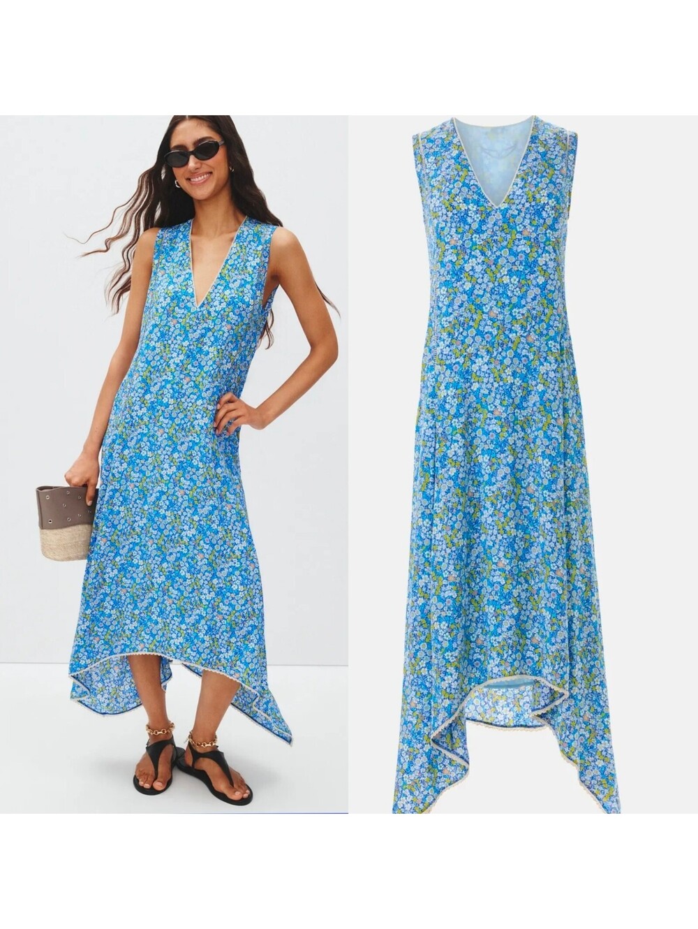 Zadig & Voltaire Rerol Smooth Maxi Dress Small Blue Floral Bohemian Coastalcore